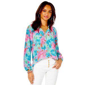 Lilly Pulitzer Elisa silk Surf Blue and Luscious Lions print large